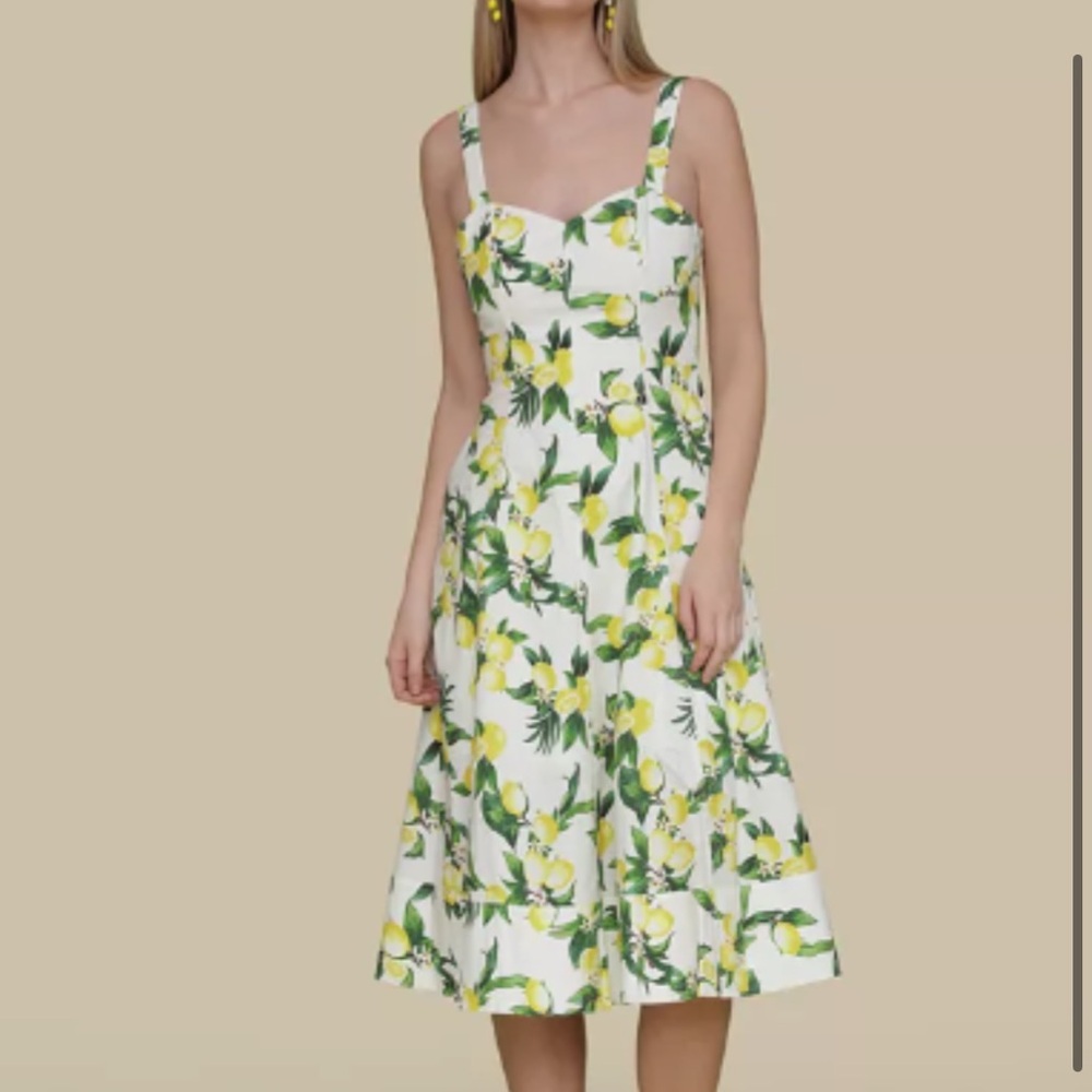 NWT Avec Les Filles Lemon Print Pockets Cotton-Blend Sweetheart Midi Dress 6 - Picture 2 of 8